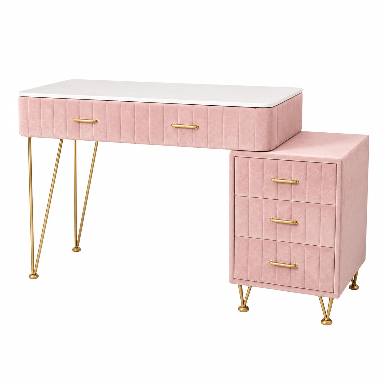 Luxus Schminktisch mit Beleuchtung und Marmoroptik, Samtkommode mit 5 Schubladen, Goldakzenten, Einfache Montage, Rosa