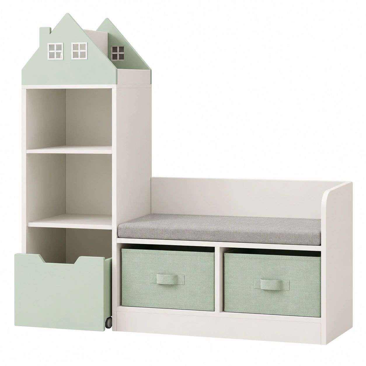 Kinderbank mit Regal und Stauraum im Hausdesign, Mintgrün/Weiß, 100 x 99 x 30 cm