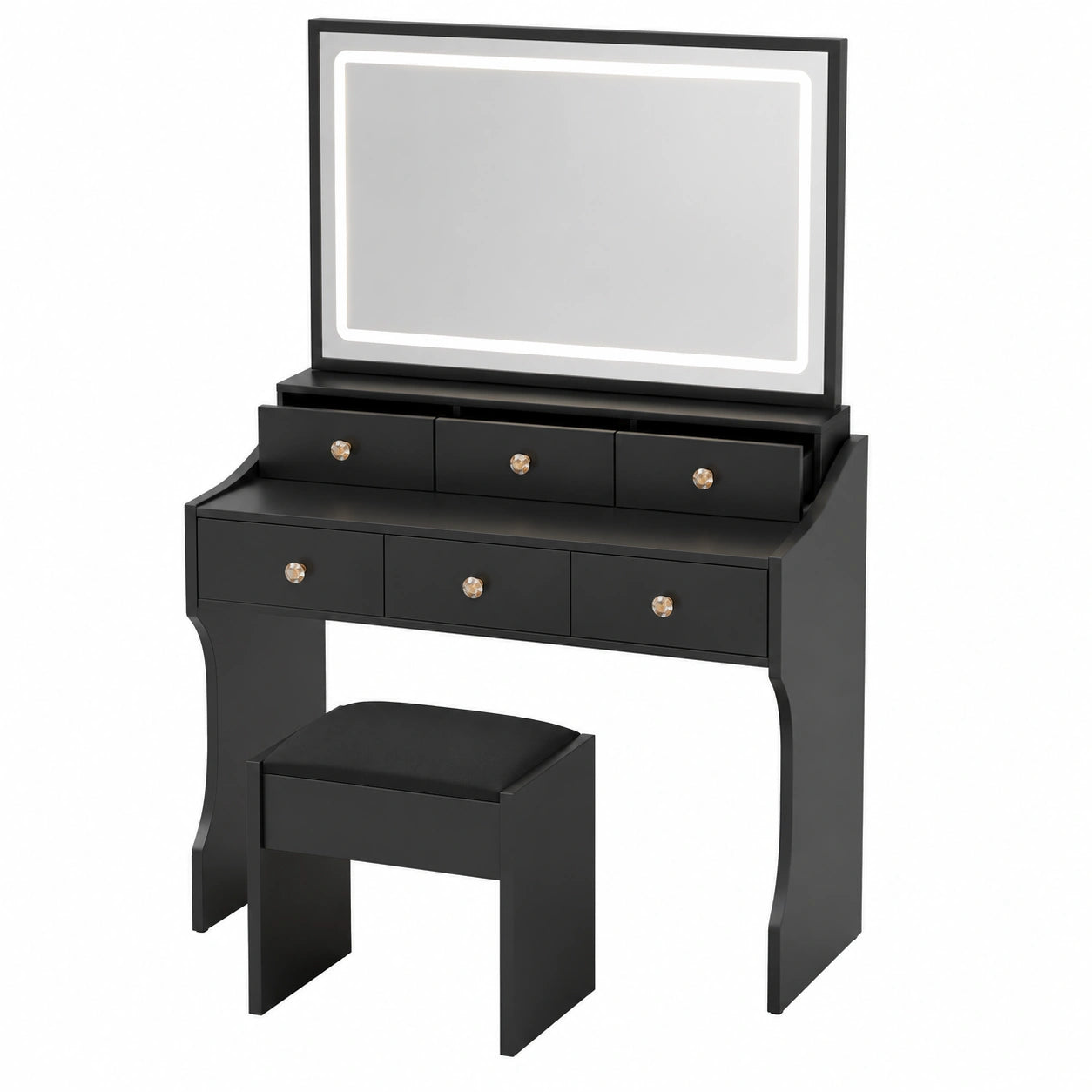 Eleganter Schminktisch mit LED-Beleuchtung und Spiegel, inklusive Hocker, 5 Schubladen und Steckdose, einstellbare Farbtemperaturen, Schwarz