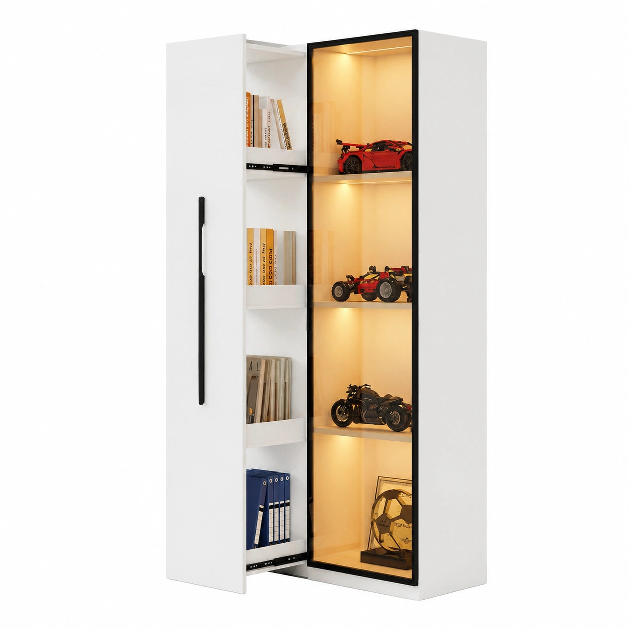 Vielseitiger Hochschrank mit Glasvitrine und LED, 160 cm