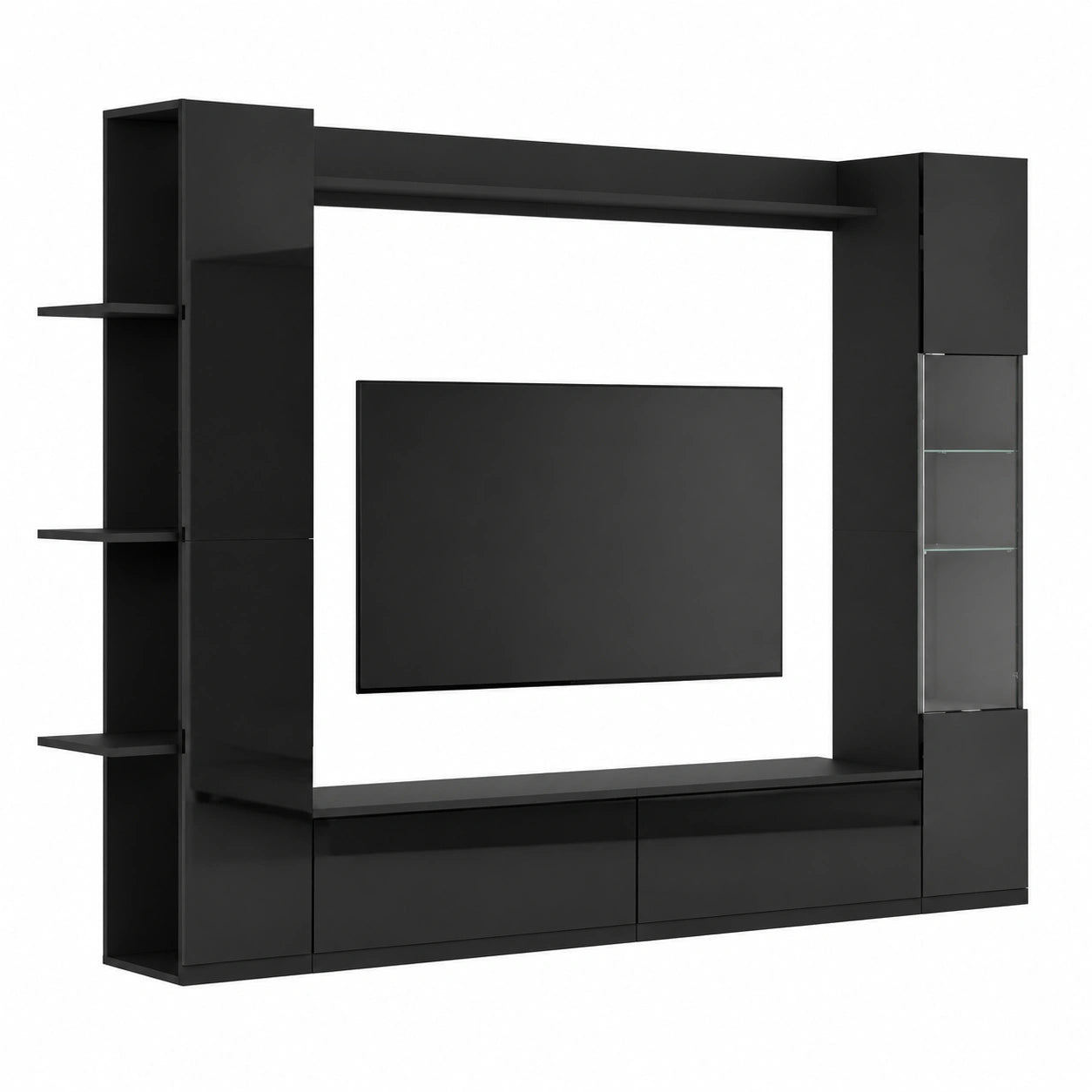 Moderne Wohnwand für TV bis 70 Zoll mit Stauraum und Vitrine, Schwarz, 228x30x170 cm