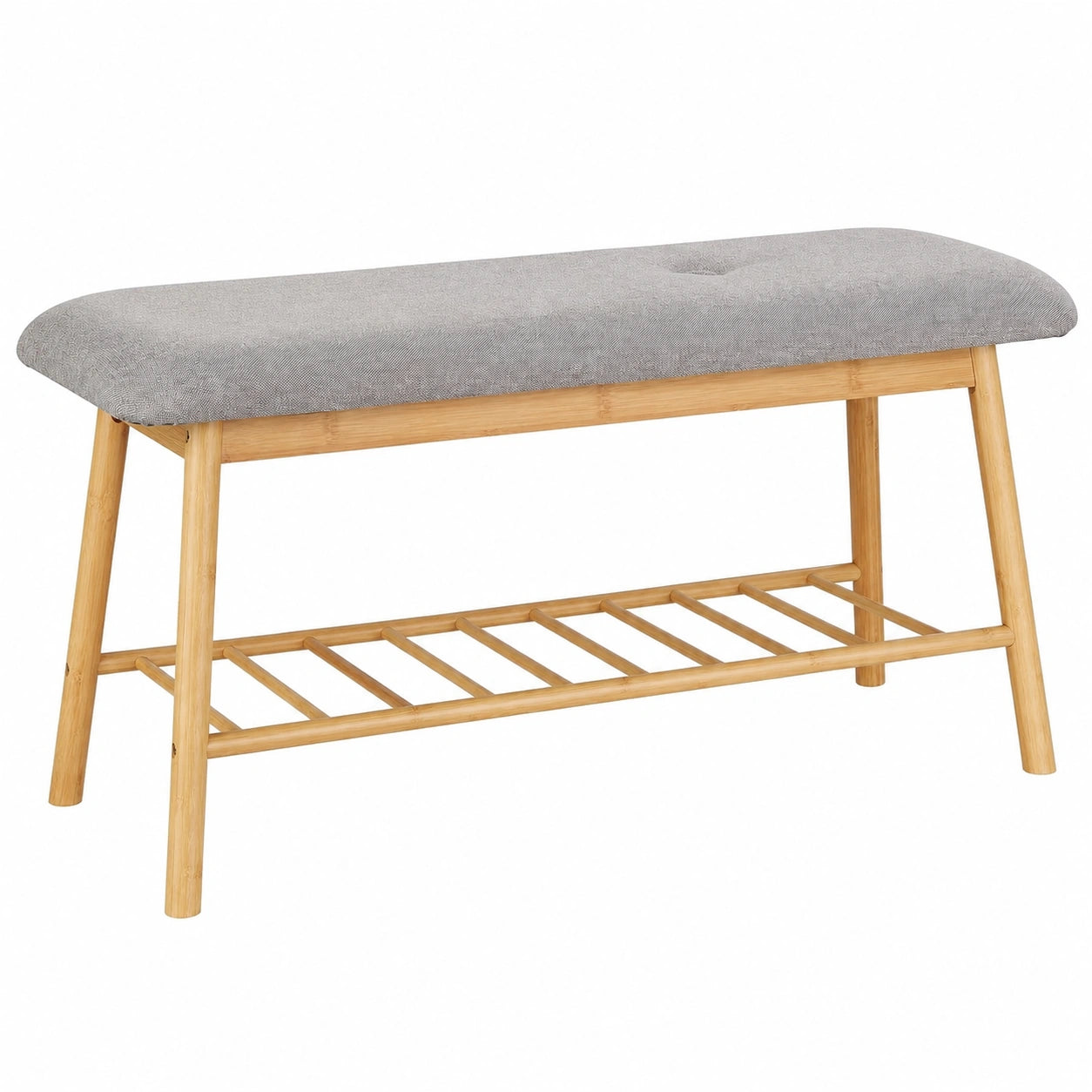 Bambus Schuhbank mit Sitzpolster, 2 Personen, Ablage für 4 Schuhe, natur-grau, 34x90x44 cm