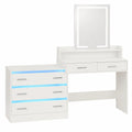 Moderner Schminktisch mit LED-Beleuchtung, Spiegel und App-gesteuerter RGB-Funktion, inklusive USB-Anschlüssen, 2 Steckdosen und Föhnhalter, Weiß