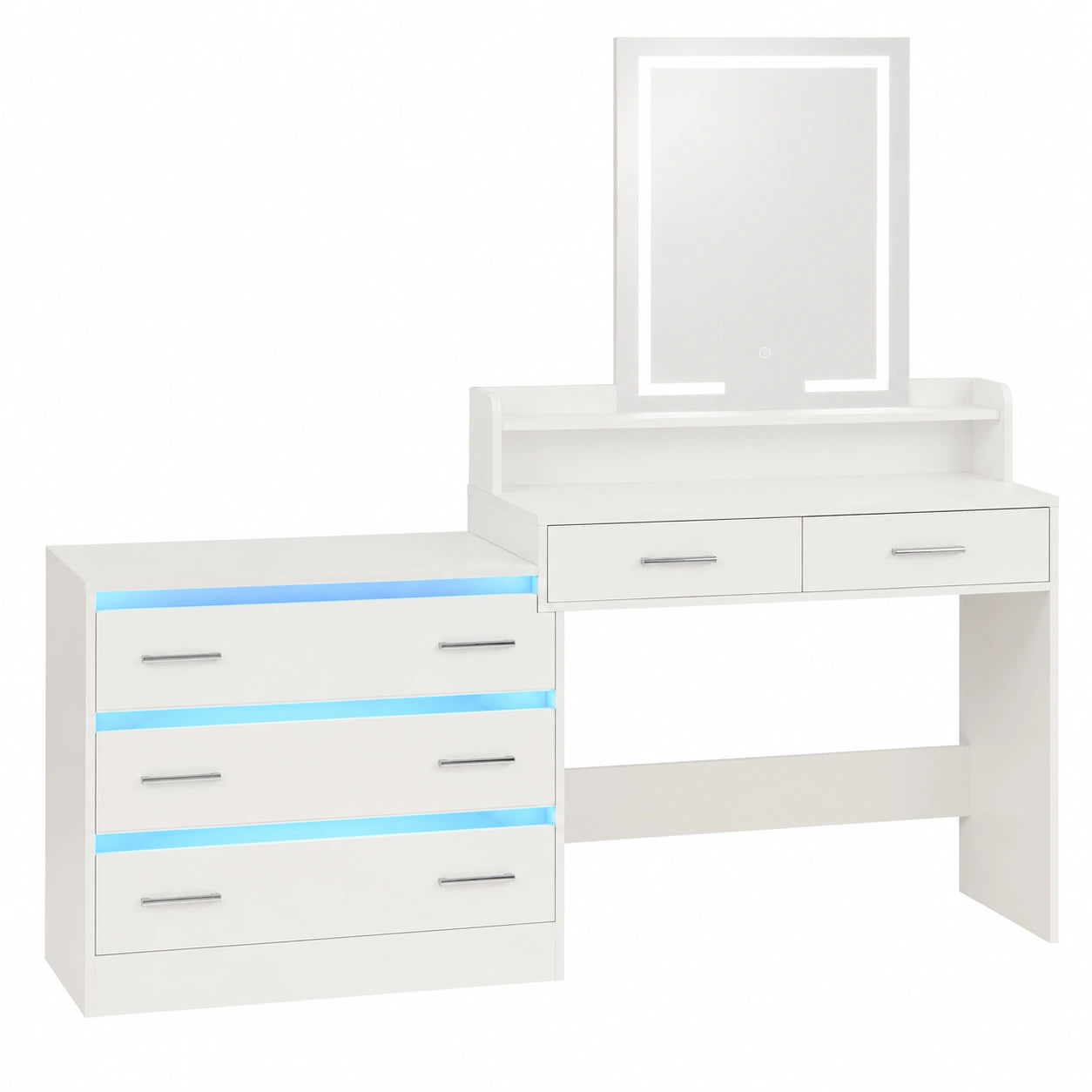 Moderner Schminktisch mit LED-Beleuchtung, Spiegel und App-gesteuerter RGB-Funktion, inklusive USB-Anschlüssen, 2 Steckdosen und Föhnhalter, Weiß