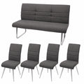Esszimmer-Set: 4 Stühle + Sitzbank aus Stoff/Textil, Edelstahl, grau-braun, 160cm