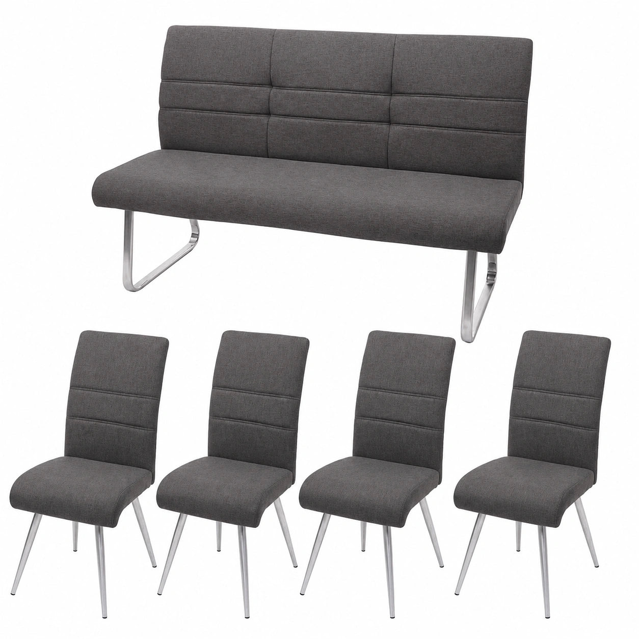 Esszimmer-Set: 4 Stühle + Sitzbank aus Stoff/Textil, Edelstahl, grau-braun, 160cm
