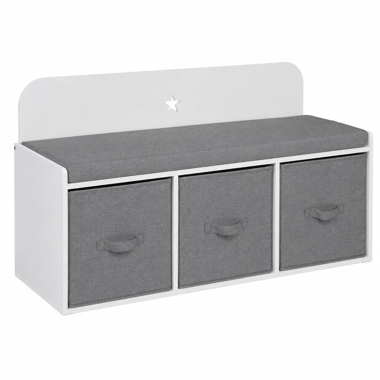 Kindersitzbank mit Stauraum, Polsterung und Holzdesign, 54 x 99 x 35 cm, Weiß/Grau