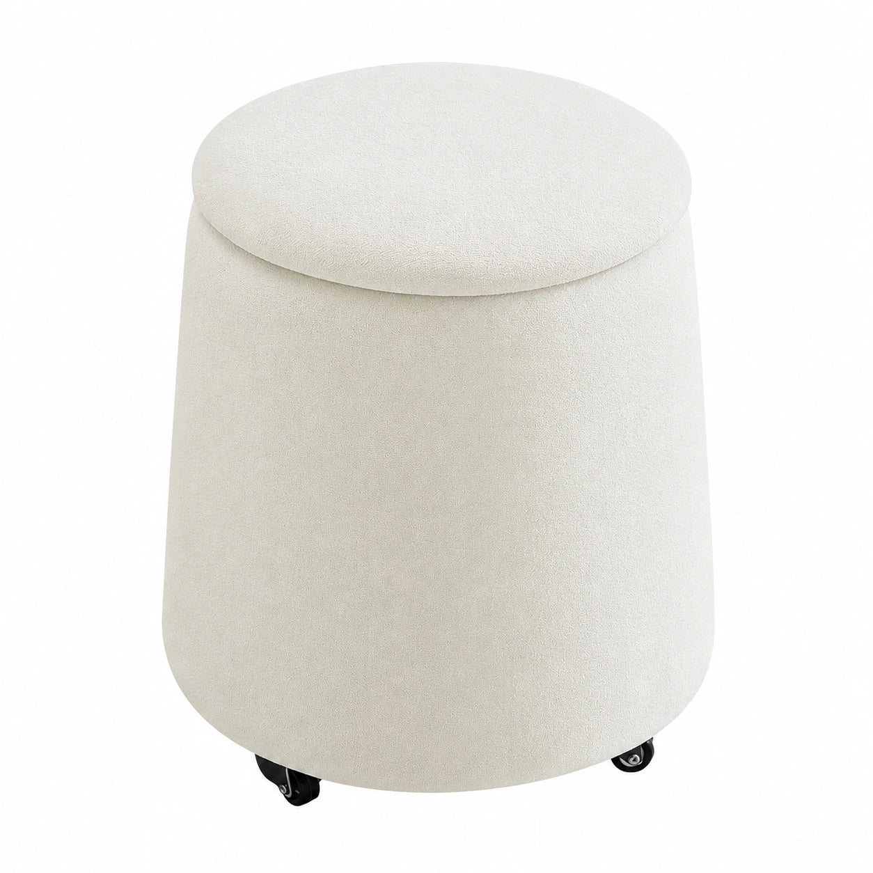 Runder Stauraumhocker aus Teddy-Stoff mit Rollen, abnehmbarer Deckel, Polsterhocker für Wohnzimmer & Flur, Ø37 x 45cm, Cremeweiß