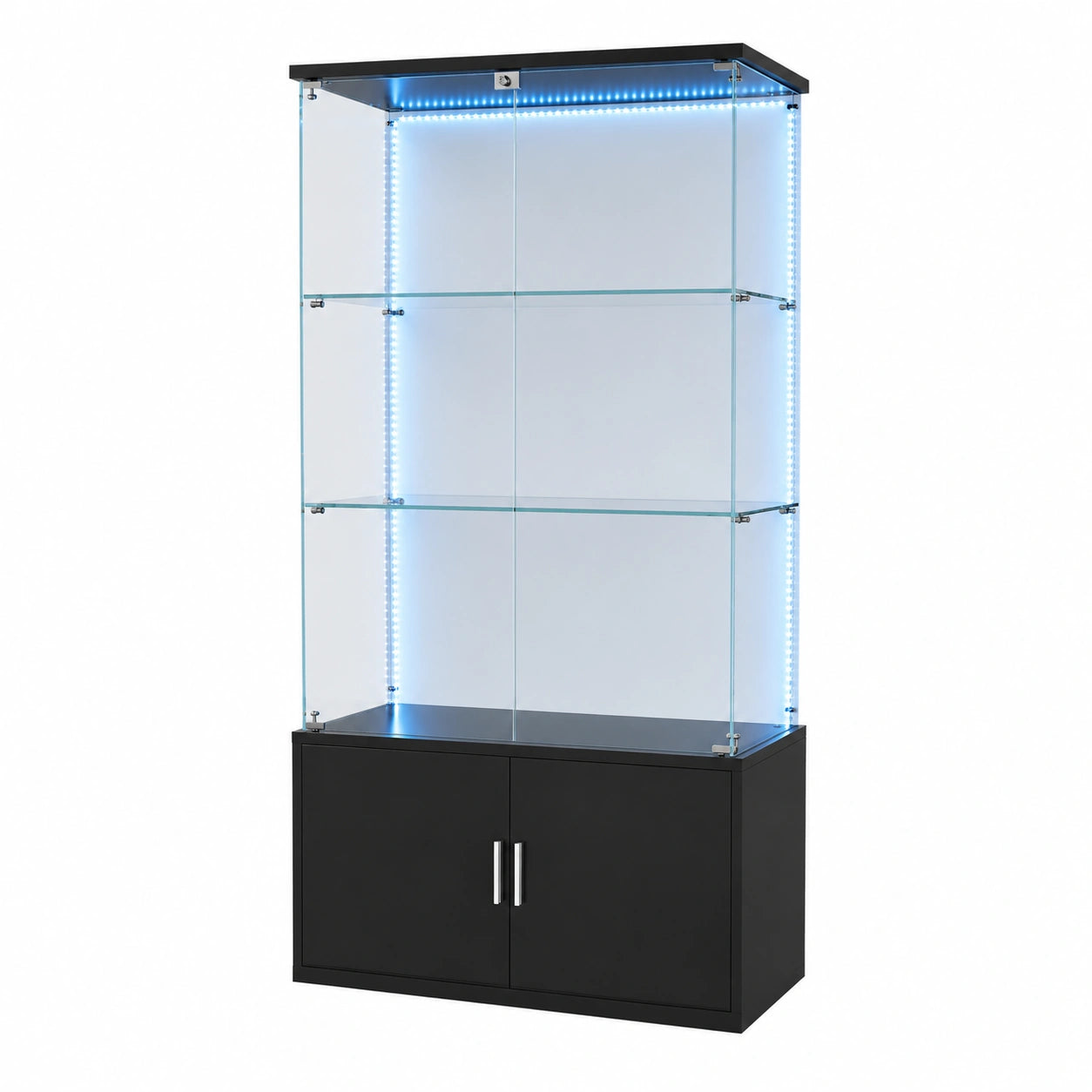 Moderne Glasvitrine mit LED-Beleuchtung, 4 Türen und 3 Einlegeböden für Wohnzimmer oder Bar