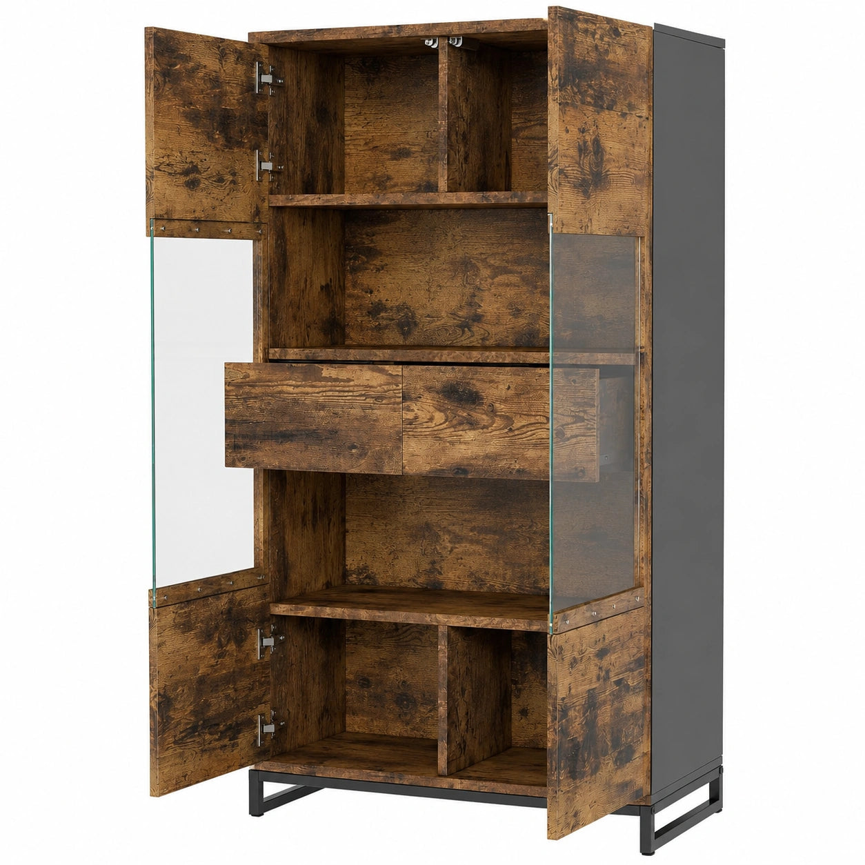 Elegante Vitrine mit LED-Beleuchtung und Schubladen, Schwarzes Design mit Holzoptik, 80x40x138cm