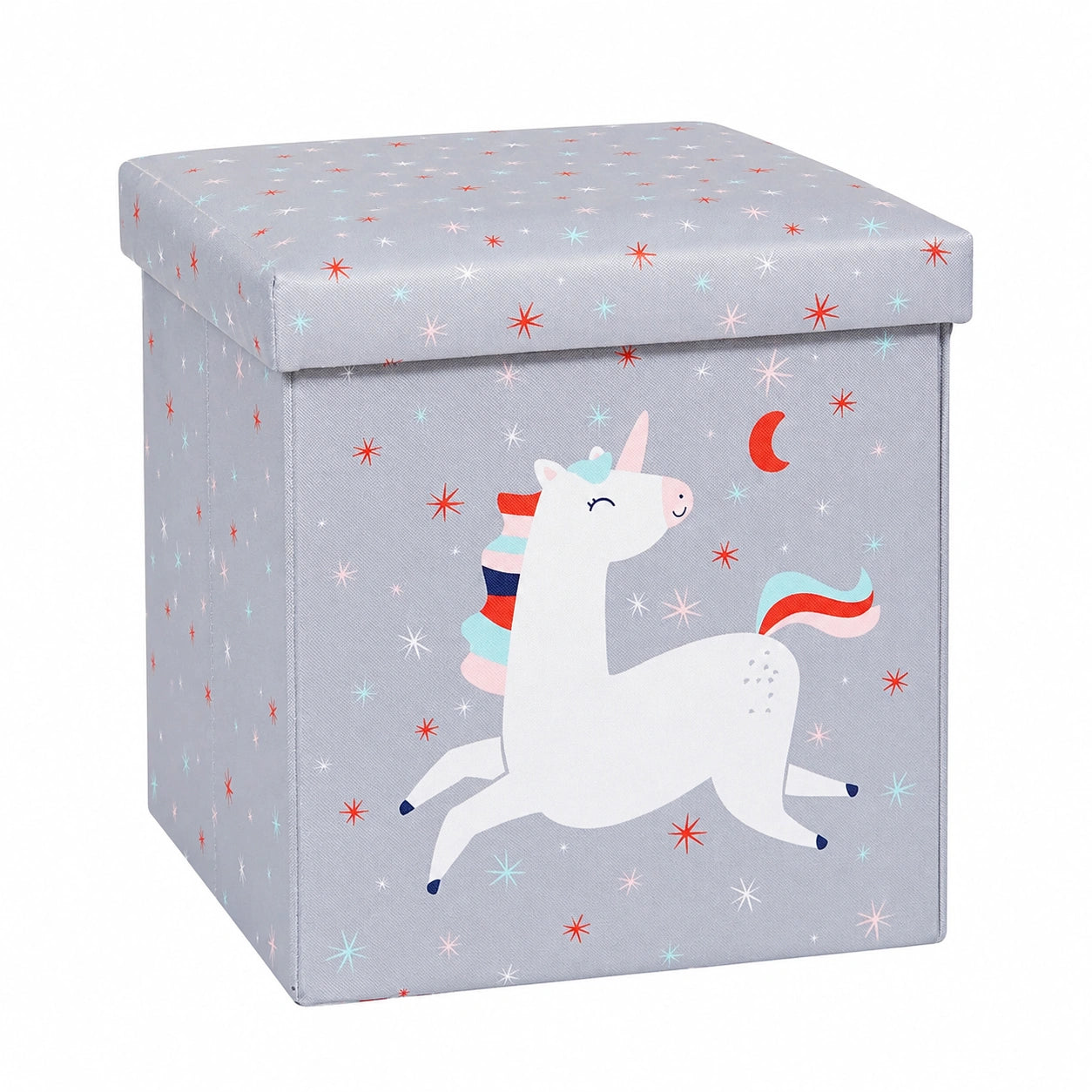 Stabiler Einhorn-Stoffhocker mit Stauraum, 35x35x35 cm, grau