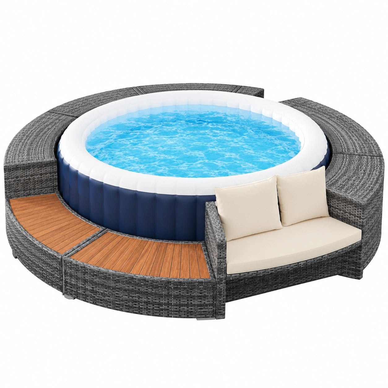 Hochwertige Runde Rattan-Lounge-Sitzgruppe: Gartenset mit Stauraum und Kissen für Terrasse und Poolbereich