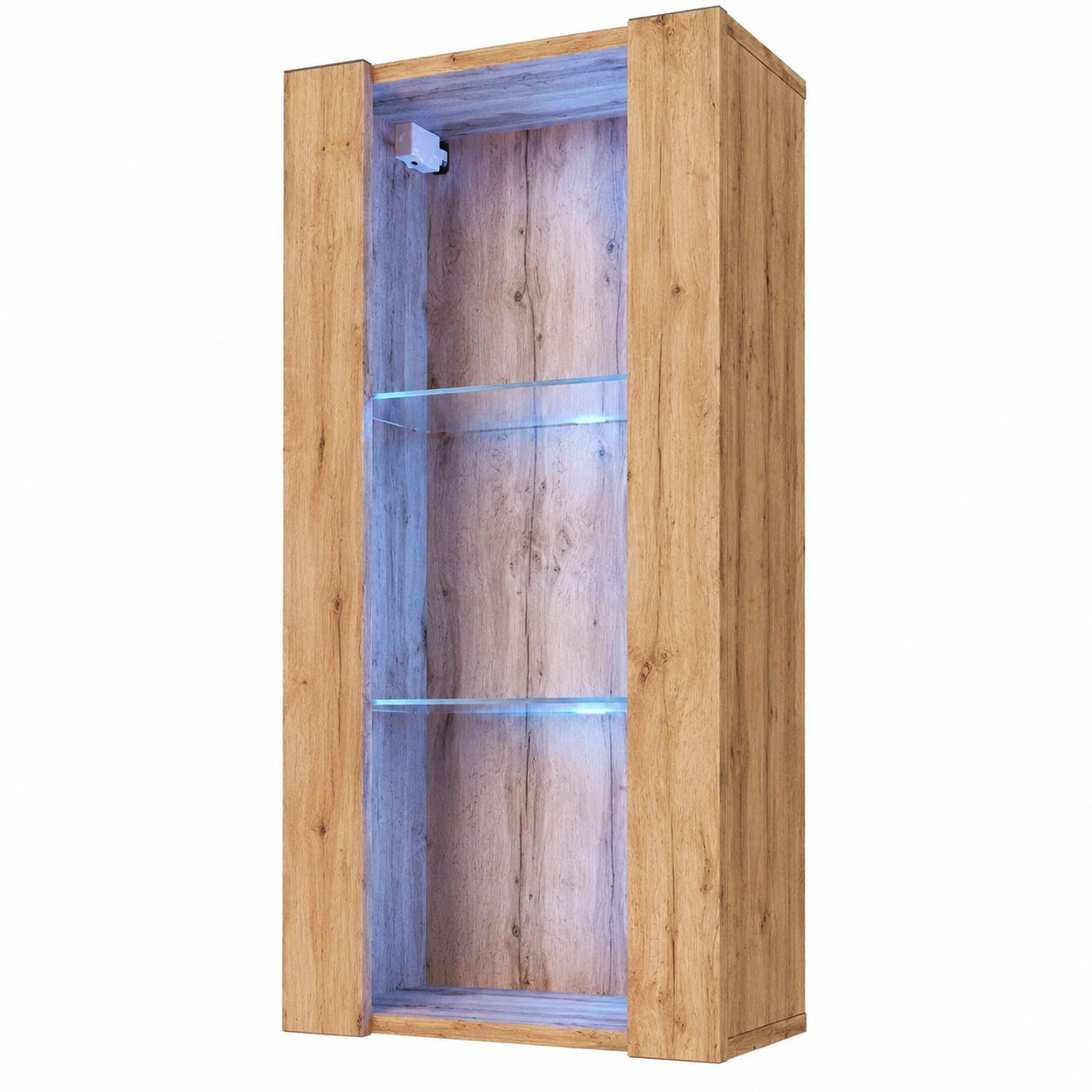 Moderne Hängeschrank Vitrine mit LED-Beleuchtung, Eiche Wotan, 50x100x29cm, ideal für Wohn- und Schlafzimmer