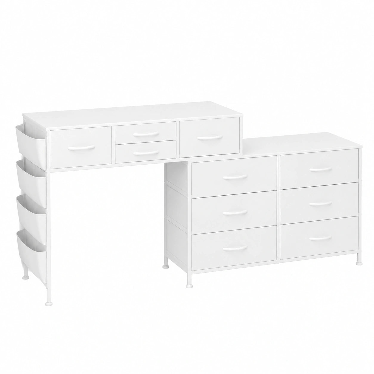 Moderner Schminktisch mit Ladestation und LED, 10 Schubladen und Seitentaschen, 170 cm Weiß